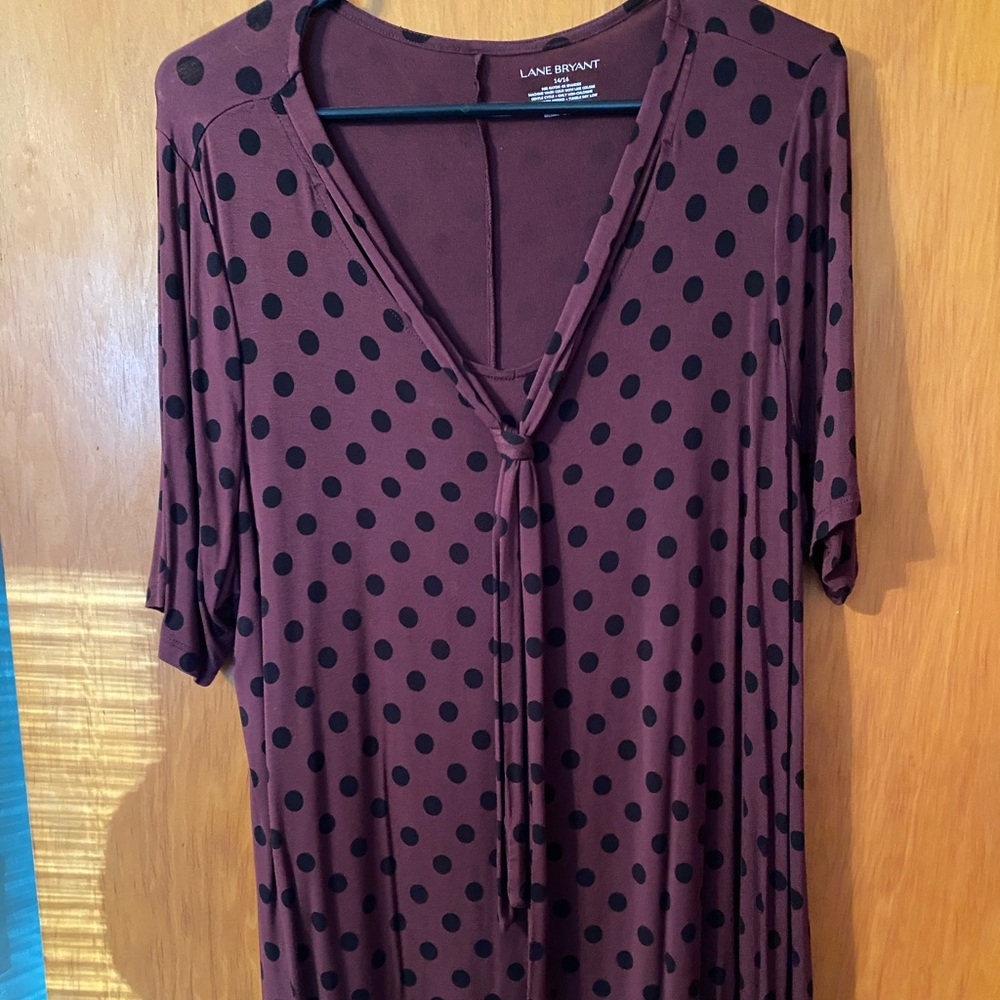 Lane Bryant purple with black polka dot shirt